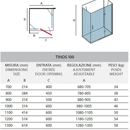 Schema tecnico del box doccia Tinos 100 alluminio spazzolato H200cm con tabella misure, regolazione e peso
