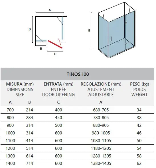 Schema tecnico del box doccia Tinos 100 alluminio spazzolato H200cm con tabella misure, regolazione e peso