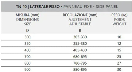 Tabella misure, regolazione e peso del pannello laterale fisso TN-10 del box doccia alluminio spazzolato H200cm