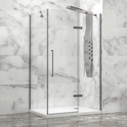 Box doccia angolare battente in alluminio spazzolato cristallo 8mm anticalcare H200cm con parete in marmo