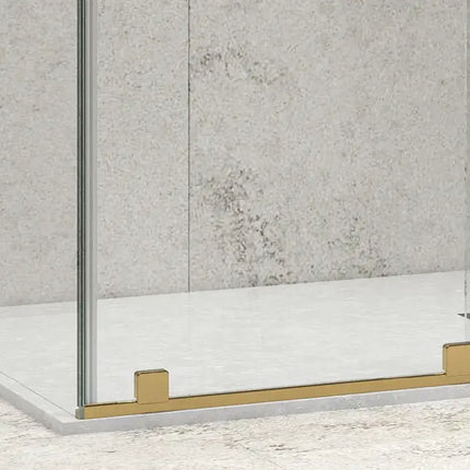 Lato fisso del box doccia senza profili finitura oro H200cm con profilo a pavimento dorato e piletta quadrata