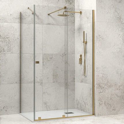 Box doccia scorrevole senza profili 8mm anticalcare H200cm in finitura oro con lato fisso e parete in cemento