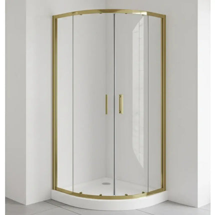 Box doccia semicircolare profili oro, cristallo trasparente 6mm H190, vista frontale in bagno moderno minimal bianco