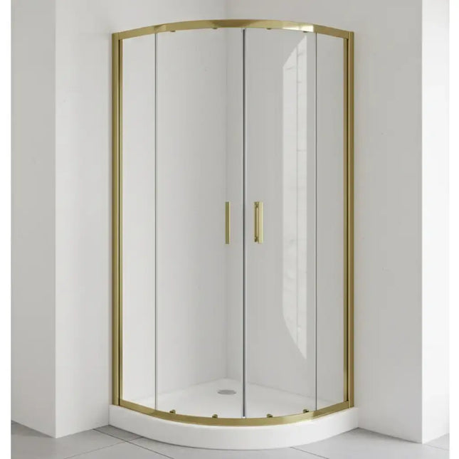 Box doccia semicircolare profili oro, cristallo trasparente 6mm H190, vista frontale in bagno moderno minimal bianco