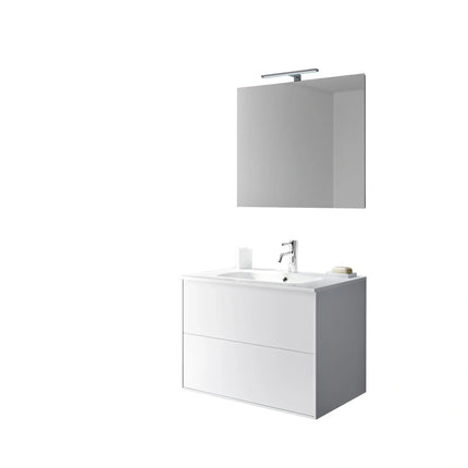 Composizione Mobile Bagno 70cm Sospeso Due Cassetti e Specchio Bianco Opaco