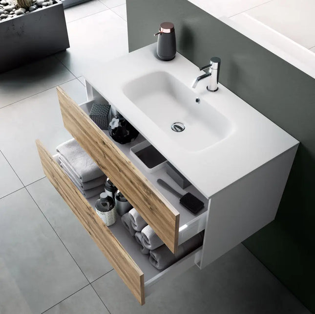 Composizione Mobile Bagno 70cm Sospeso Due Cassetti e Specchio