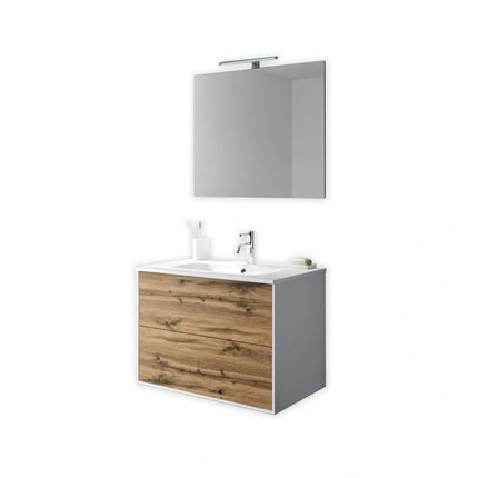 Composizione Mobile Bagno 70cm Sospeso Due Cassetti e Specchio Quercia