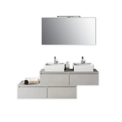 Composizione Bagno 160cm Con Doppio Lavabo, Cassetti E Specchio Con Lampada Bianco Pietra