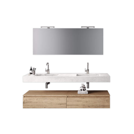 Mobile Bagno Sospeso 180cm Con Vasca Integrata Cassetto E Specchio Top Effetto Marmo Carrara + Base Quercia