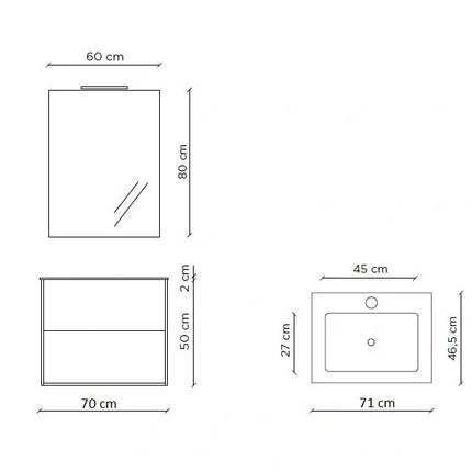 Composizione Mobile Bagno 70cm Sospeso Due Cassetti e Specchio