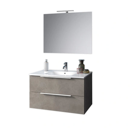 Composizione Bagno 80cm Sospesa Con Due Cassetti E Specchio Con Lampada Avana Pietra