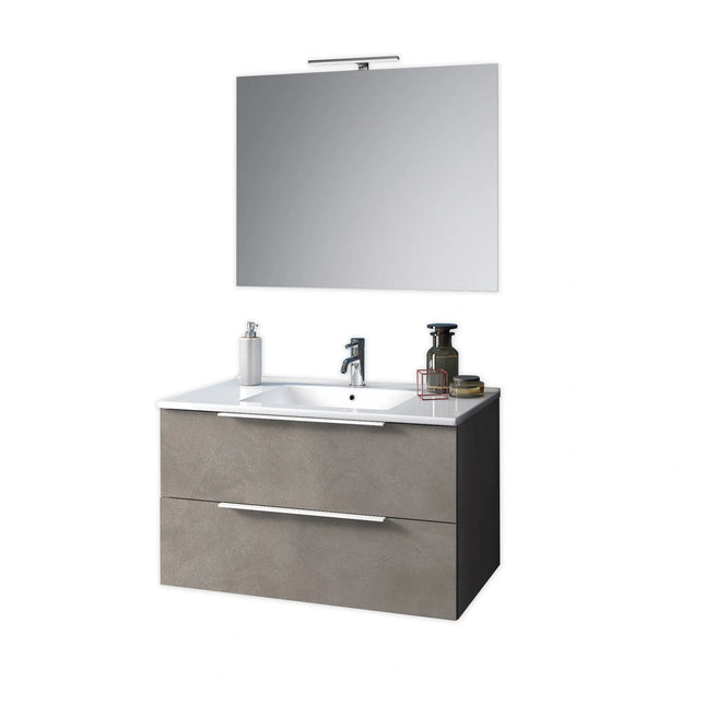 Composizione Bagno 80cm Sospesa Con Due Cassetti E Specchio Con Lampada Avana Pietra