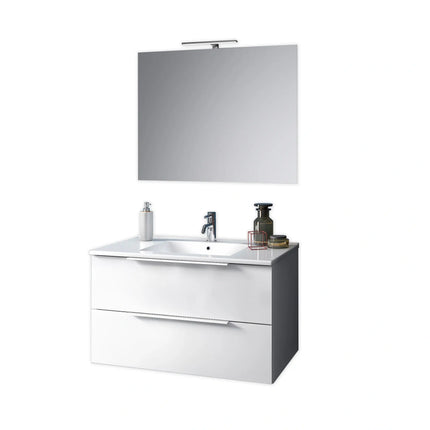 Composizione Bagno 80cm Sospesa Con Due Cassetti E Specchio Con Lampada Bianco Opaco