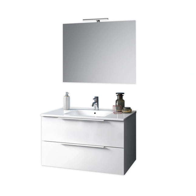 Composizione Bagno 80cm Sospesa Con Due Cassetti E Specchio Con Lampada Bianco Opaco