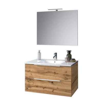 Composizione Bagno 80cm Sospesa Con Due Cassetti E Specchio Con Lampada Quercia