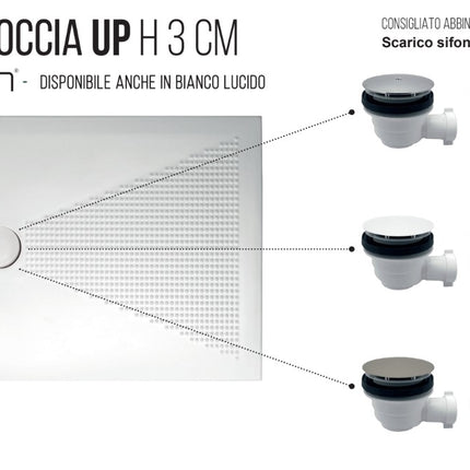 Piatto doccia Althea UP H3cm Plus-Ton: infografica opzioni copripiletta cromato ABS, ceramica bianco lucido o colori Plus-Ton coordinati