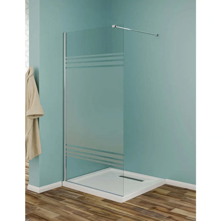 Parete doccia walk-in in cristallo temperato 8mm serigrafato a fasce con profilo cromato e barra di sostegno a muro