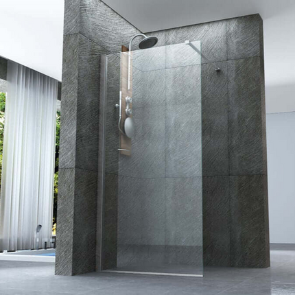 Parete doccia walk-in trasparente 8mm H195cm con profilo cromato e barra di sostegno, vista frontale ravvicinata