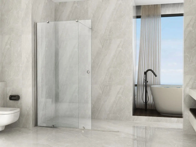 Parete walk-in scorrevole acciaio spazzolato 8mm con anta aperta in bagno di design con vasca freestanding
