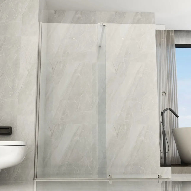 Parete doccia walk-in scorrevole con profili in acciaio spazzolato e cristallo 8mm H195cm in bagno effetto marmo