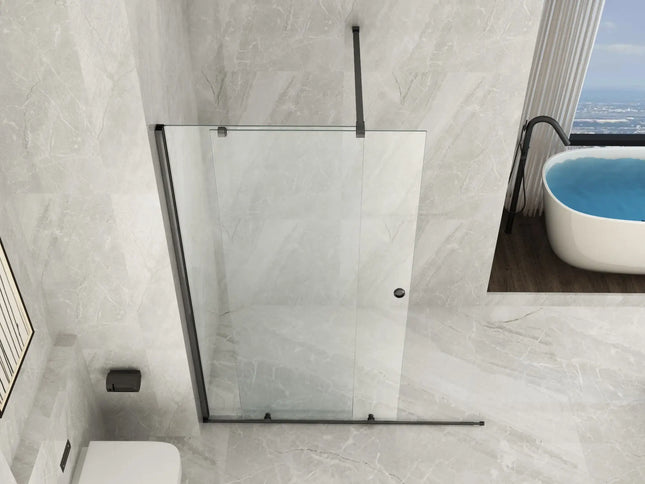 Vista angolare dall'alto della parete walk-in scorrevole 8mm profili gun metal con vasca freestanding