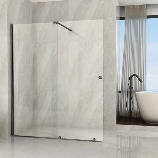 Parete doccia walk-in scorrevole con profili gun metal e cristallo trasparente 8mm H195cm in bagno effetto marmo