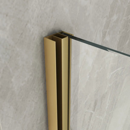 Dettaglio del profilo verticale a muro color oro che sostiene il cristallo temperato 8mm della parete walk-in