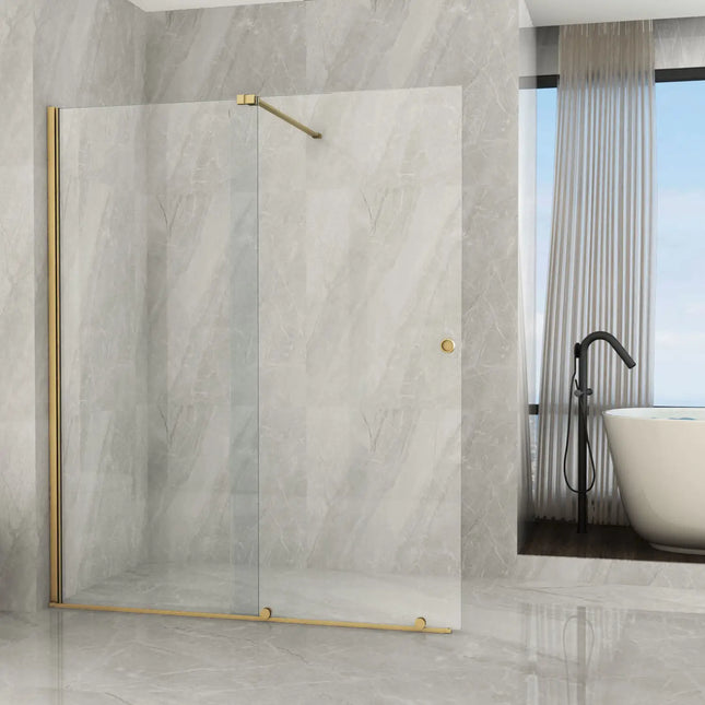 Parete doccia walk-in scorrevole con profili oro e cristallo trasparente 8mm H195cm in bagno effetto marmo
