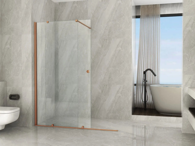 Parete walk-in scorrevole profili oro rosa 8mm con anta aperta in bagno di design con vasca freestanding