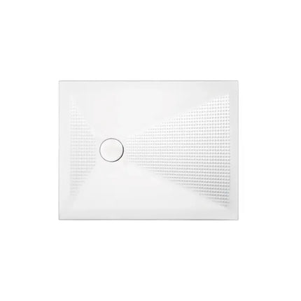 Piatto doccia ceramica Althea UP quadrato bianco lucido, vista dall'alto, motivo antiscivolo a clessidra, piletta rotonda cromata