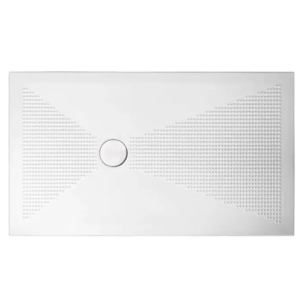 Piatto doccia ceramica Althea UP rettangolare bianco lucido, vista frontale superiore, piletta centrale rotonda cromata H3cm