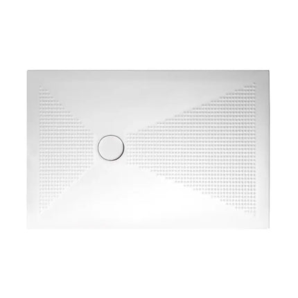 Piatto doccia ceramica Althea UP rettangolare grande bianco opaco, vista frontale, piletta cromata centrale, bordi arrotondati H3cm