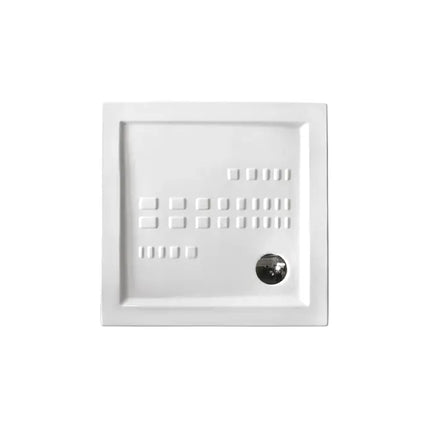 Piatto doccia ceramica Althea ITO bianco lucido H5.5cm quadrato, vista frontale zenitale, decoro antiscivolo asimmetrico, piletta laterale