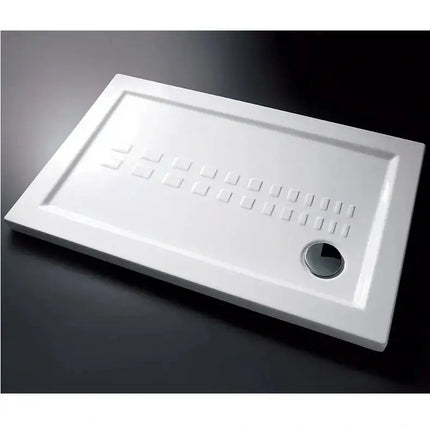Piatto doccia ceramica Althea ITO bianco lucido H5.5cm rettangolare, vista 3/4, decoro antiscivolo a quadratini, piletta laterale cromata