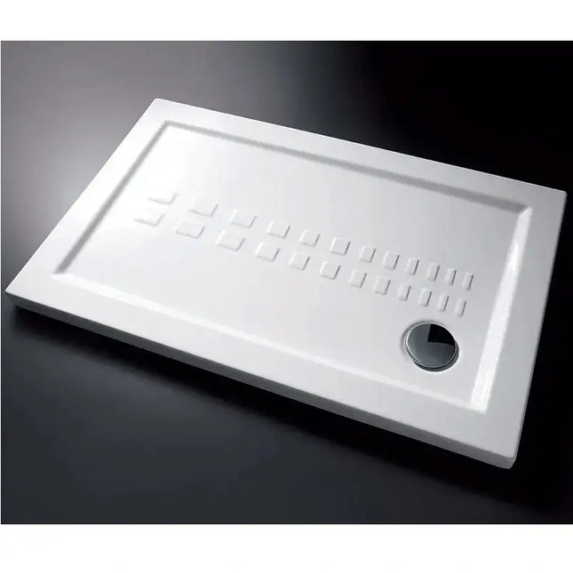 Piatto doccia ceramica Althea ITO bianco lucido H5.5cm rettangolare, vista 3/4, decoro antiscivolo a quadratini, piletta laterale cromata