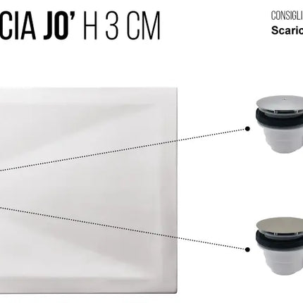 Piatto doccia Althea JO H3cm Plus-Ton: infografica opzioni copripiletta cromato ABS o ceramica Plus-Ton, piletta sifonata ispezionabile