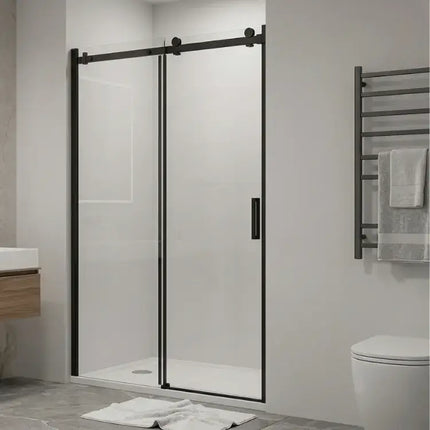 Porta doccia 120cm per nicchia Profili neri in bagno chiaro moderno abbinata a teroarredo scaldasalviette nero