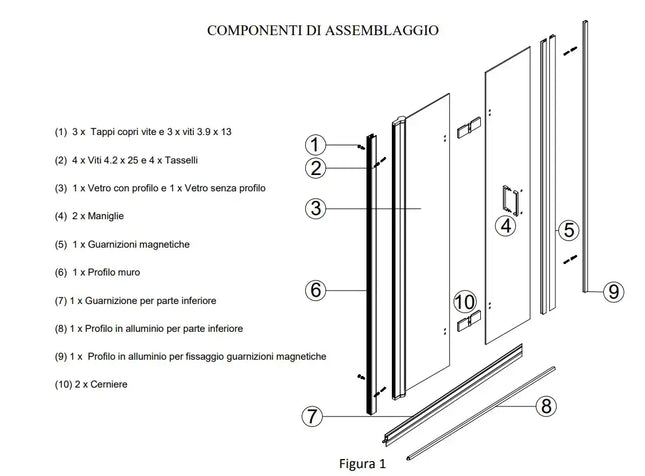 Schema componenti di assemblaggio porta doccia a libro 6mm: cerniere, profilo muro, guarnizioni magnetiche, acqua stop e maniglie cromo