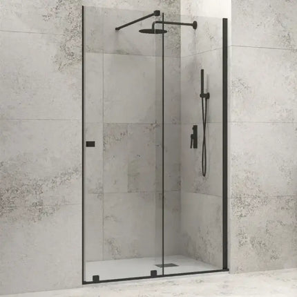 Vista frontale porta doccia scorrevole Animus H200 8mm dettagli nero opaco, cristallo trasparente, bagno pietra grigia