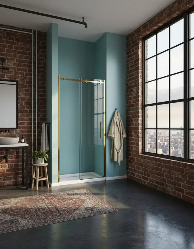Porta doccia scorrevole 8mm inox oro H190 in bagno industrial con pareti a mattoni e finestre a griglia: profili dorati su cristallo trasparente