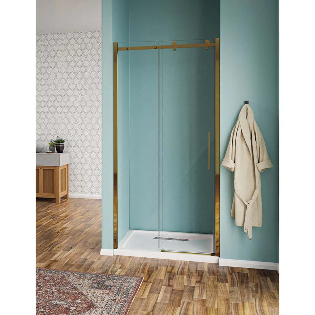 Porta doccia scorrevole H190 cristallo trasparente 8mm, profili acciaio inox color oro, maniglia verticale dorata, bagno moderno con parquet