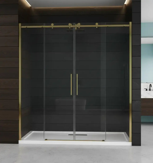 Porta doccia doppio scorrevole H190 cristallo trasparente 8mm, profili inox oro, 4 ante con carrelli a vista su binario dorato, bagno dark