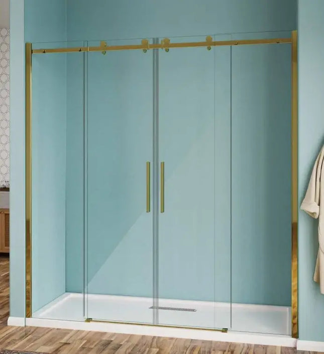 Porta doccia doppia scorrevole 8mm H190 inox oro su fondo teal, apertura centrale con 4 ante e maniglie verticali dorate, piatto doccia bianco