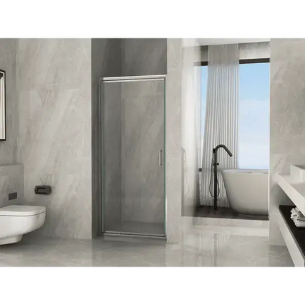 Porta doccia rototraslante trasparente 6mm H190cm anta chiusa in nicchia, bagno moderno con vasca freestanding e finestra