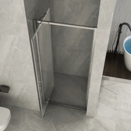 Porta doccia rototraslante cristallo trasparente 6mm H190cm aperta in nicchia, vista dall'alto con barra di supporto cromata