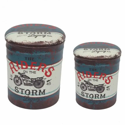 Set di 2 Pouf Contenitore Stampa Moto Retrò Blu e Ruggine