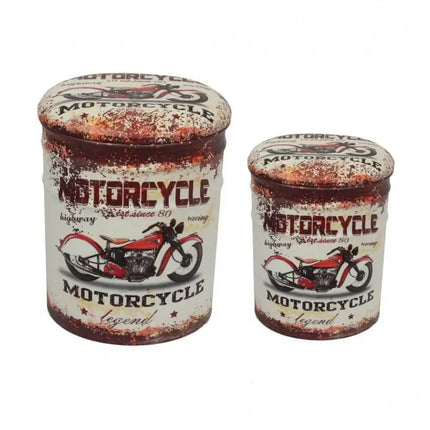 Set di 2 Pouf Contenitore Stampa Moto Retrò Grigio Chiaro e Ruggine