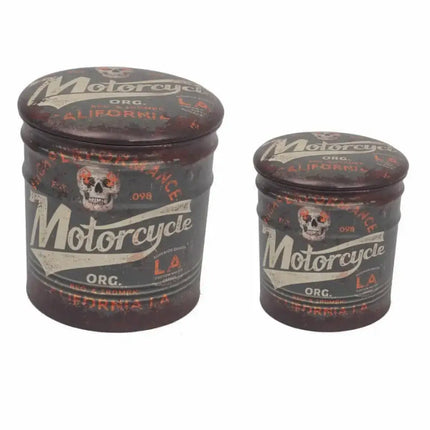 Set di 2 Pouf Contenitore Stampa Moto Retrò Marrone