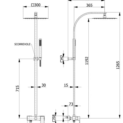 Schema tecnico colonna doccia nera con misure, soffione 300mm, altezza 1265mm