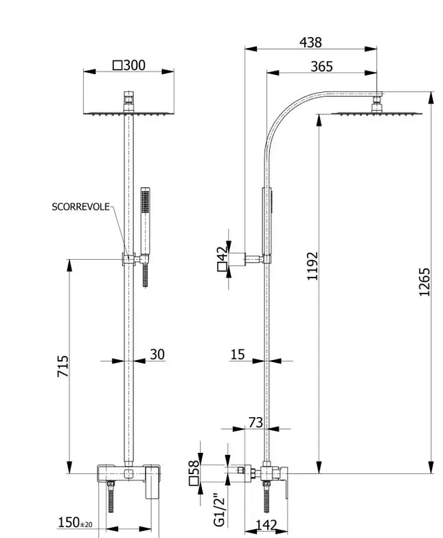 Schema tecnico colonna doccia nera con misure, soffione 300mm, altezza 1265mm